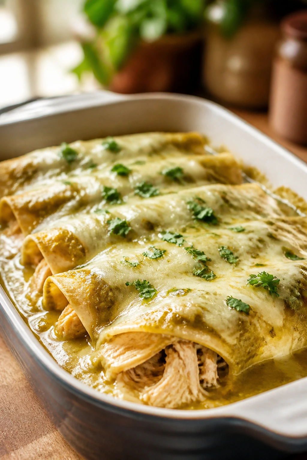 Pan of green enchiladas with shredded chicken under verde sauce