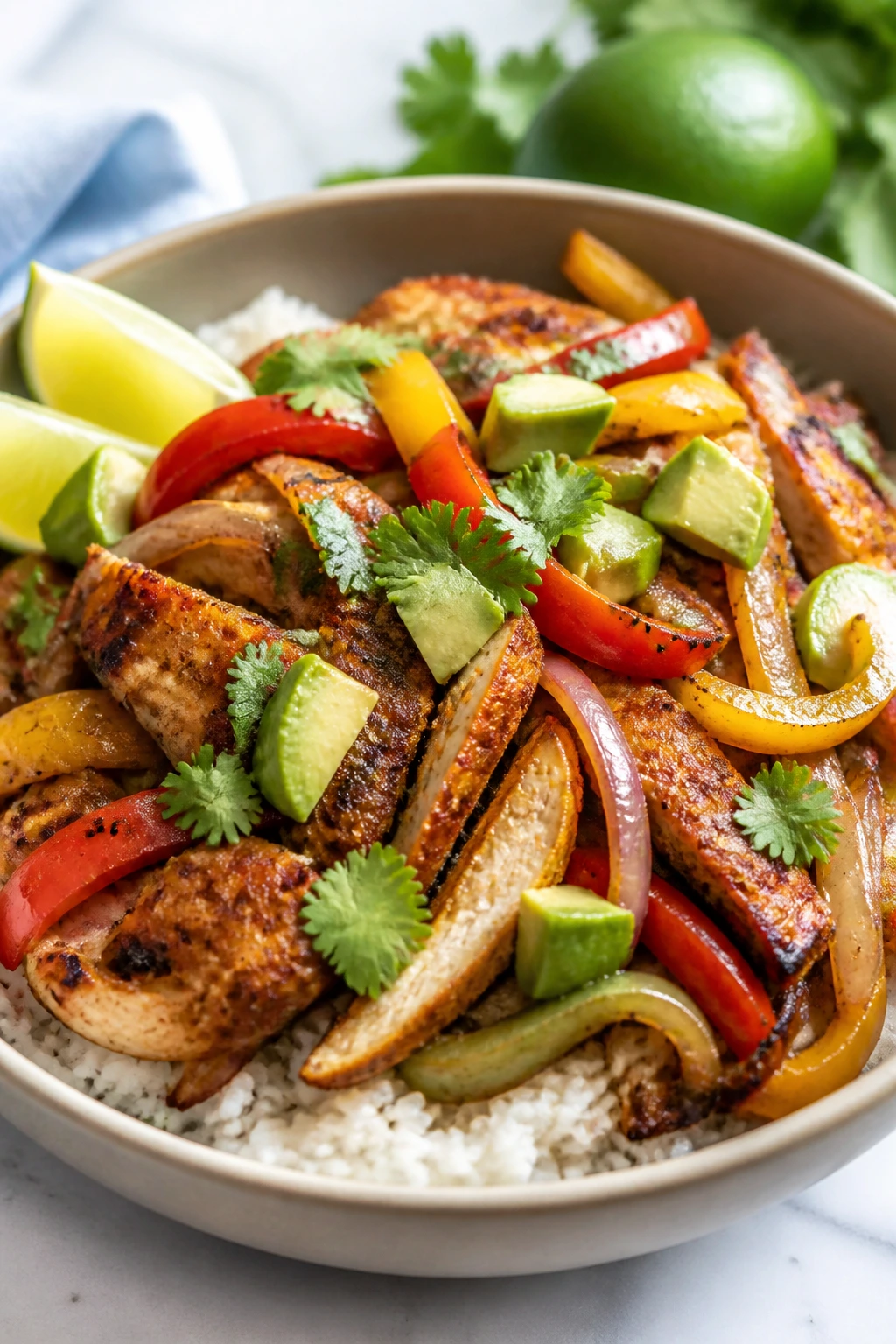 Chicken fajita bowl with chicken, peppers, onions and rice
