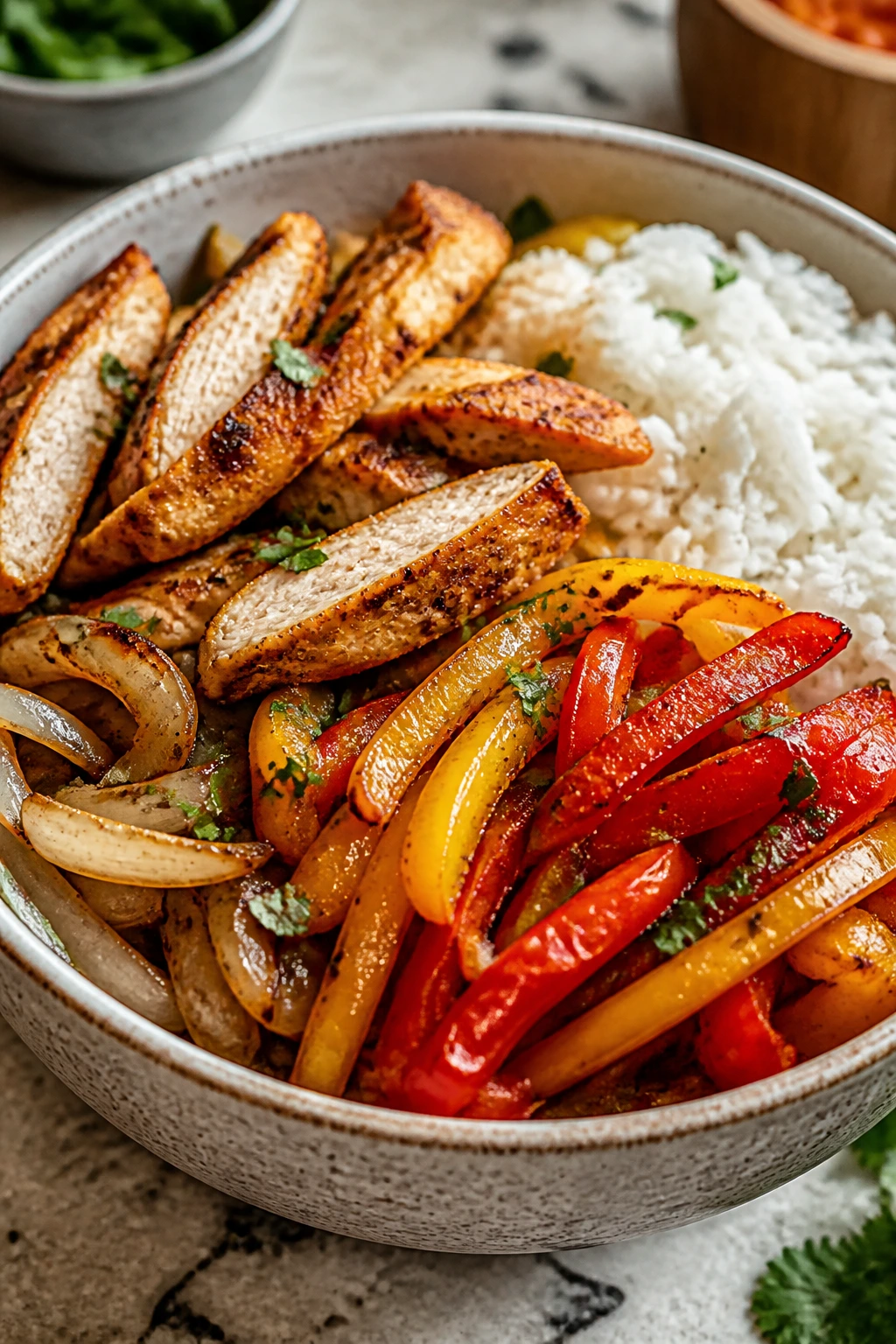 Colorful fajita bowl with chicken, peppers, onions, and rice