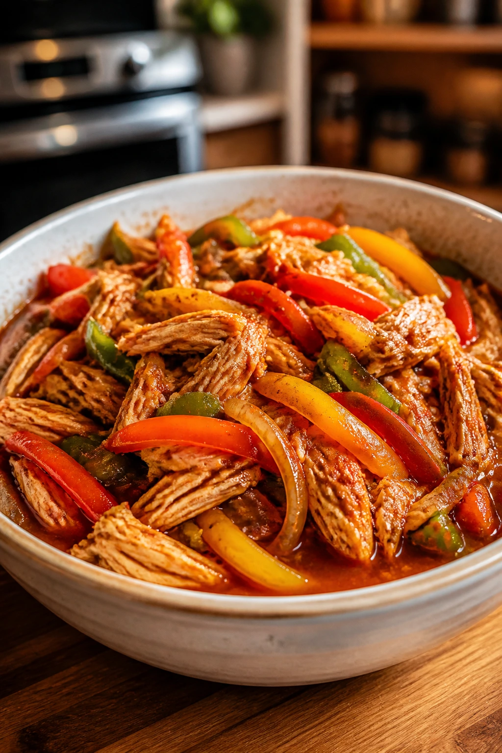 Close-up of chicken fajita bowls with peppers and onions in a bowl