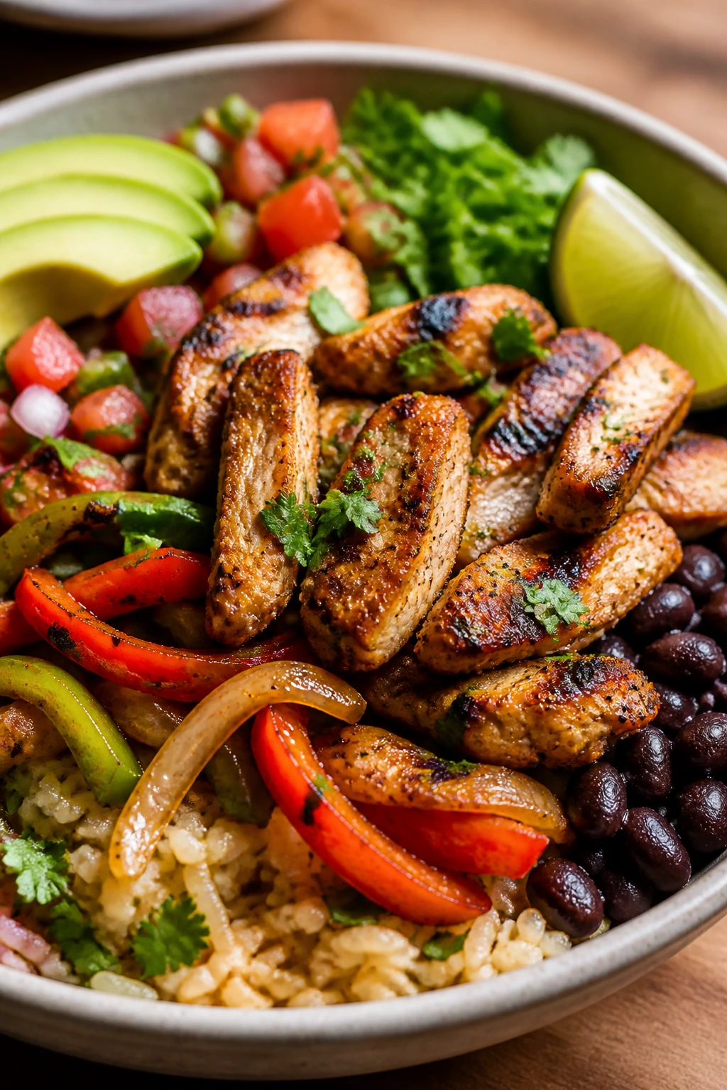 Close-up of chicken fajita burrito bowl with peppers and rice