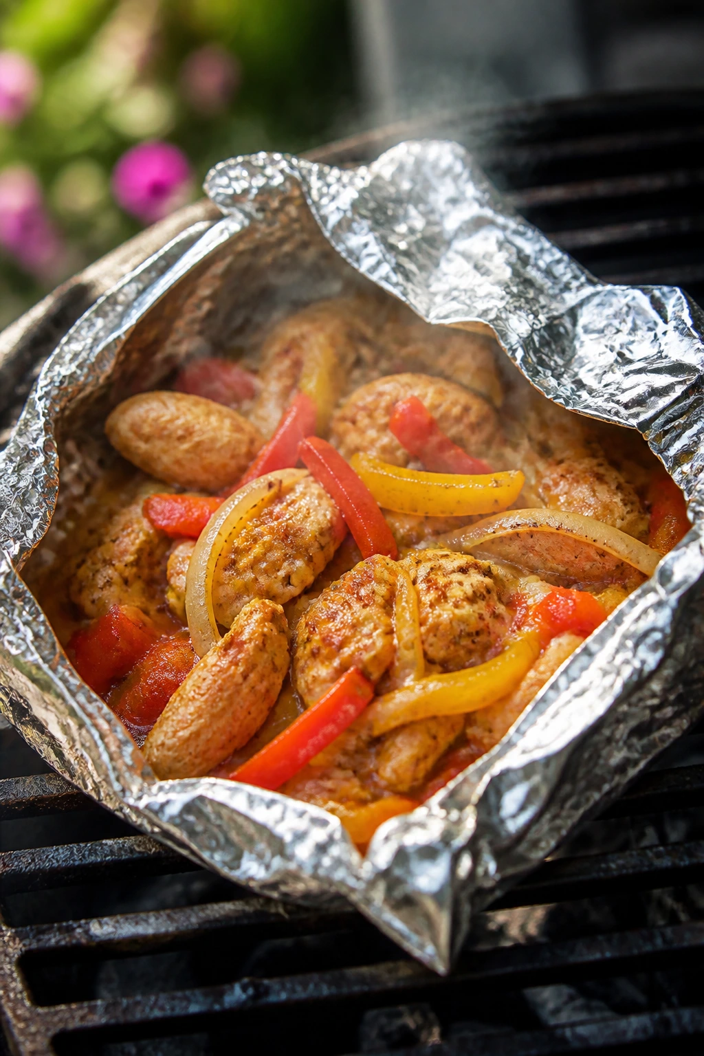 Chicken fajita foil packet opened on a grill in a backyard setting.