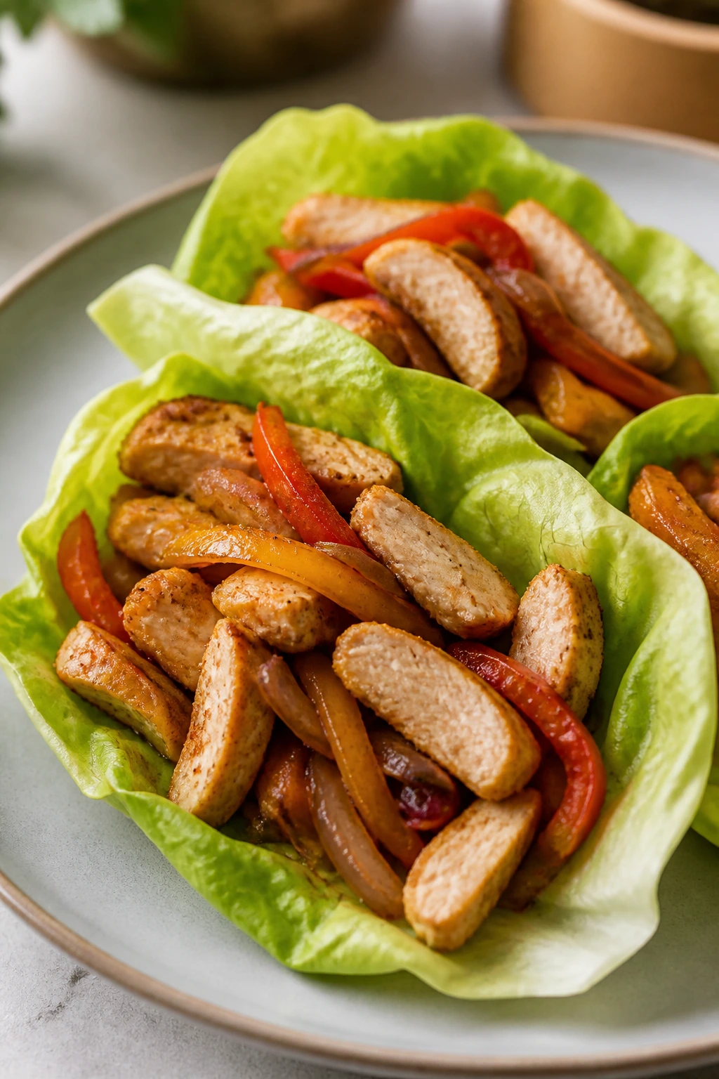 Close-up of chicken fajita lettuce wraps with peppers and onions