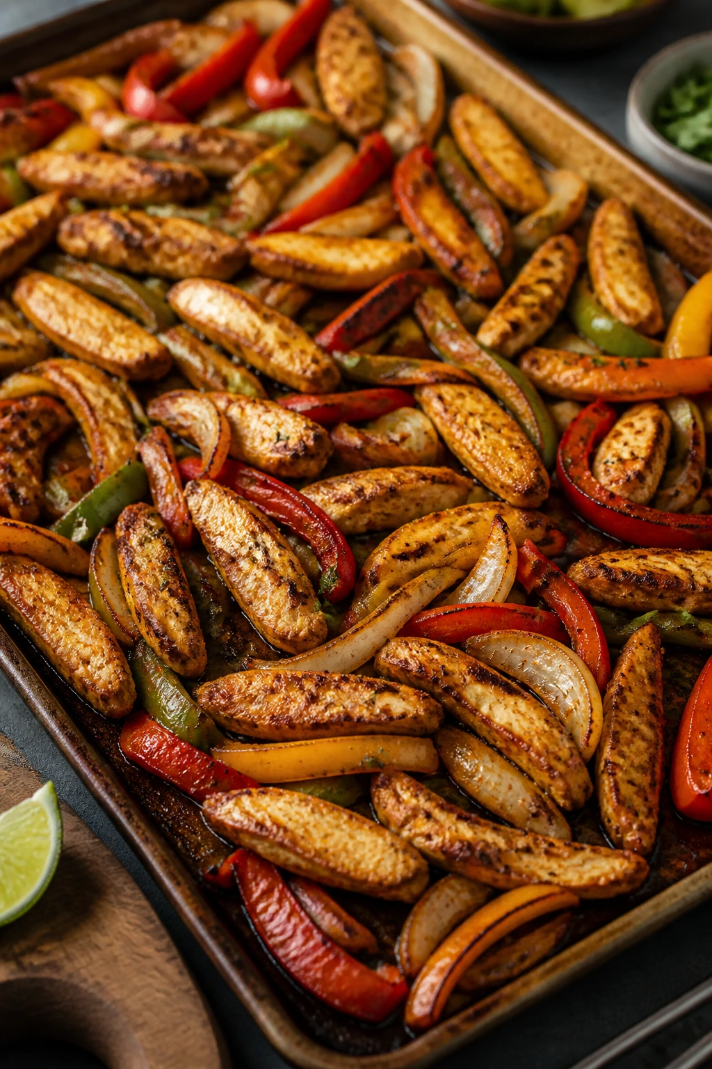 Close-up of Chicken Fajita Sheet Pan with peppers and onions on a sheet-pan roast in a home kitchen.