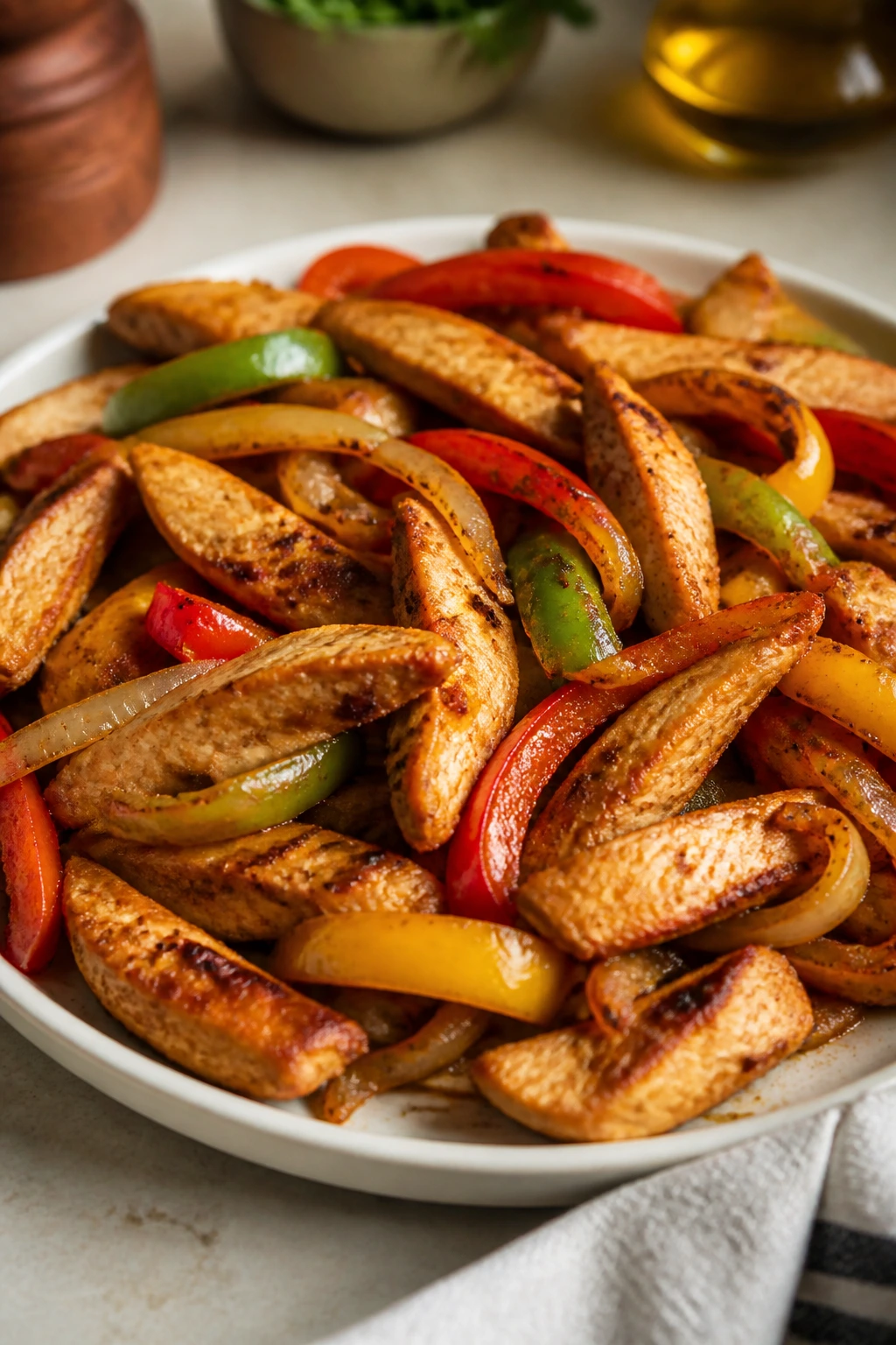 Chicken fajita strips with peppers and onions on a plate