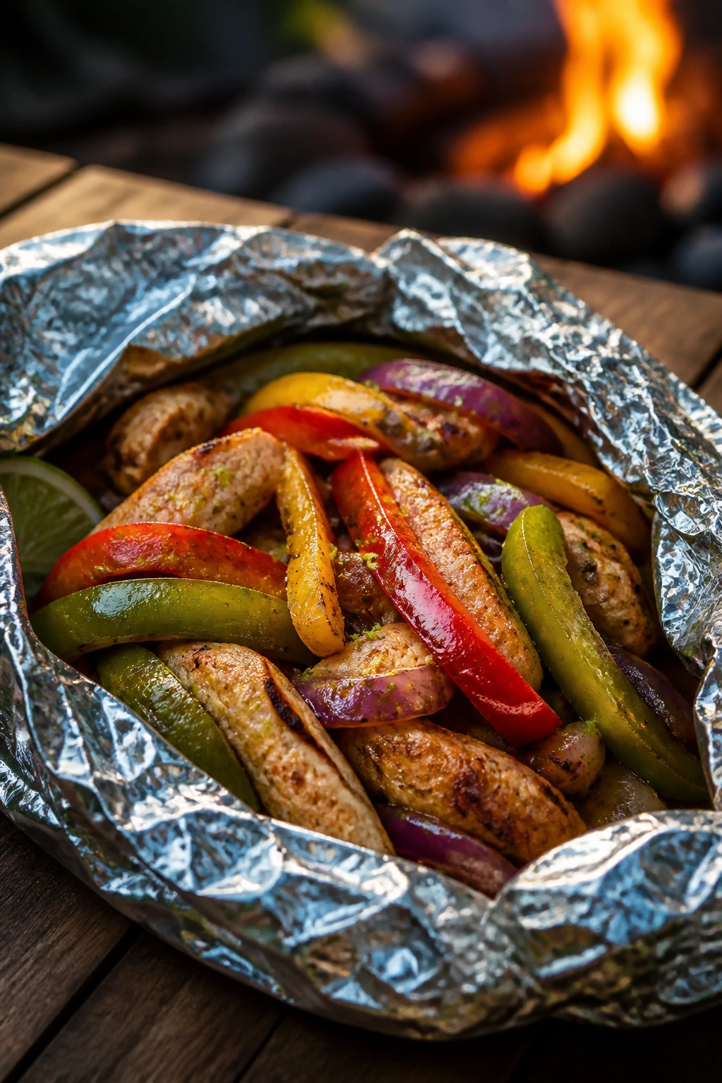 Foil packet opened to reveal chicken fajita mix of peppers and chicken