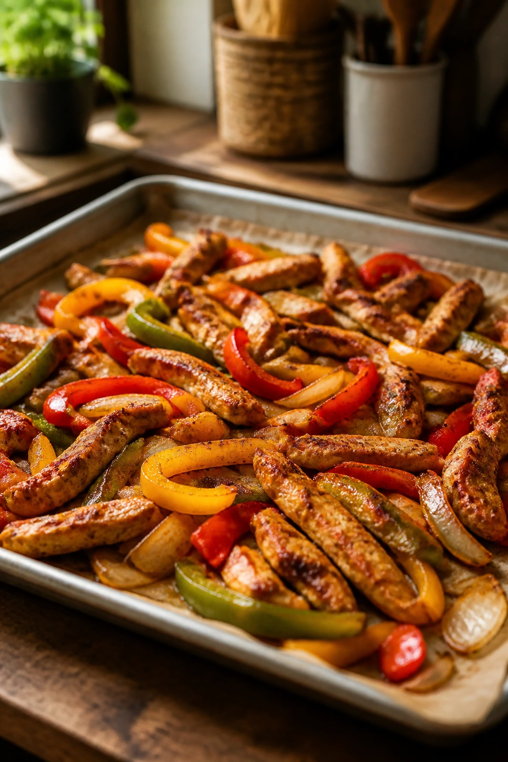 Close-up of chicken fajita ingredients on a sheet pan