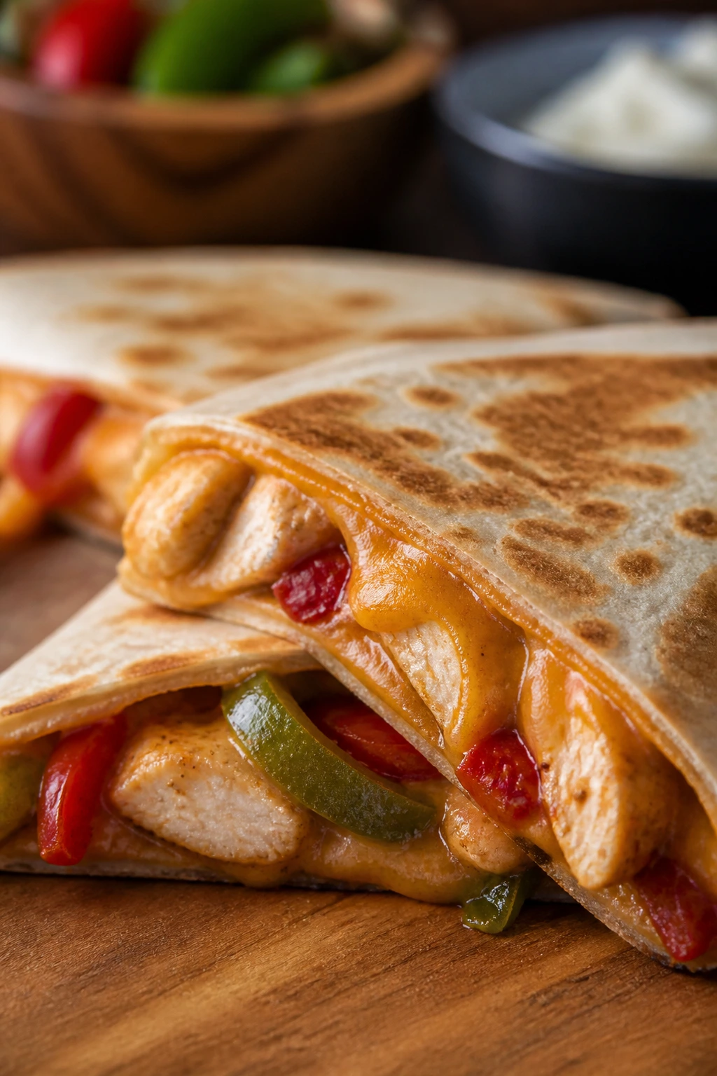 Close-up of cheddar-melt quesadilla with chicken fajita filling
