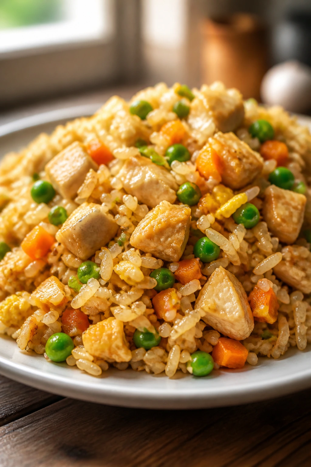 Close-up of chicken fried rice on a plate