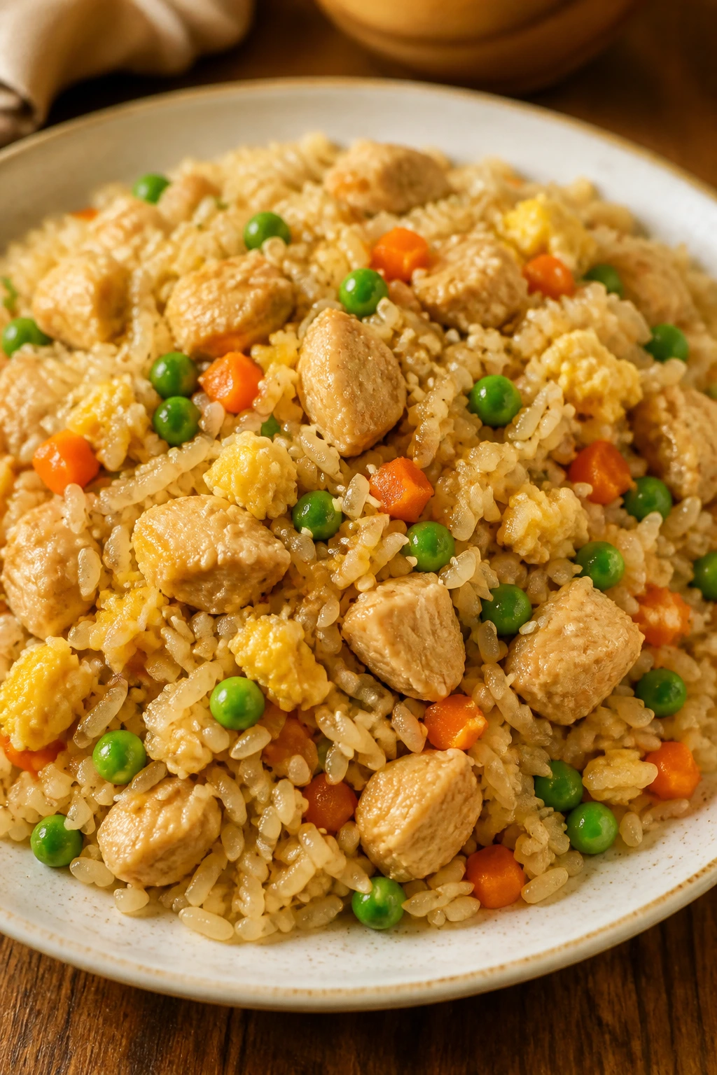Plate of chicken fried rice with peas and carrots for toddlers