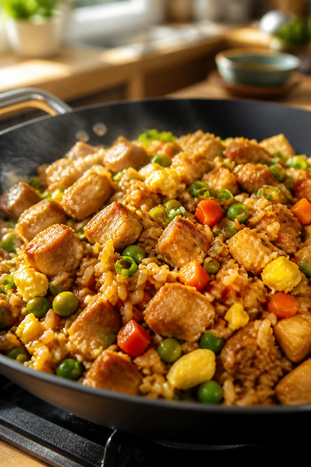 Close-up of fried rice with chicken, peas, carrots in a sizzling pan
