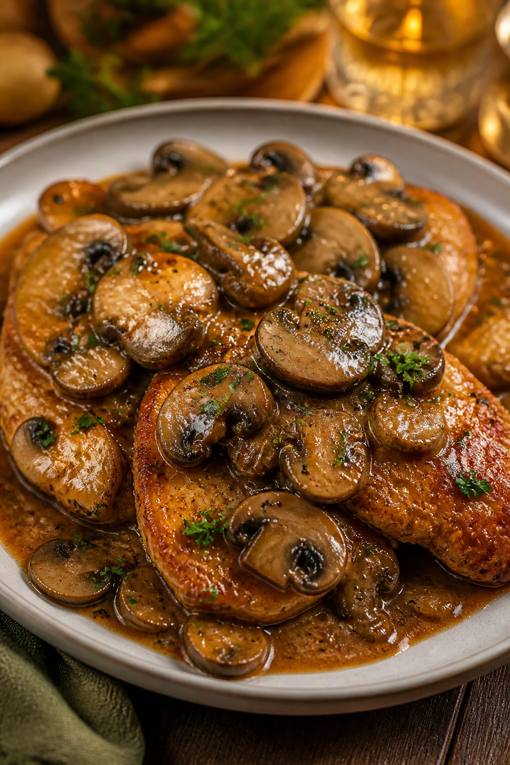 Close-up of chicken marsala with mushrooms on a plate in warm kitchen lighting