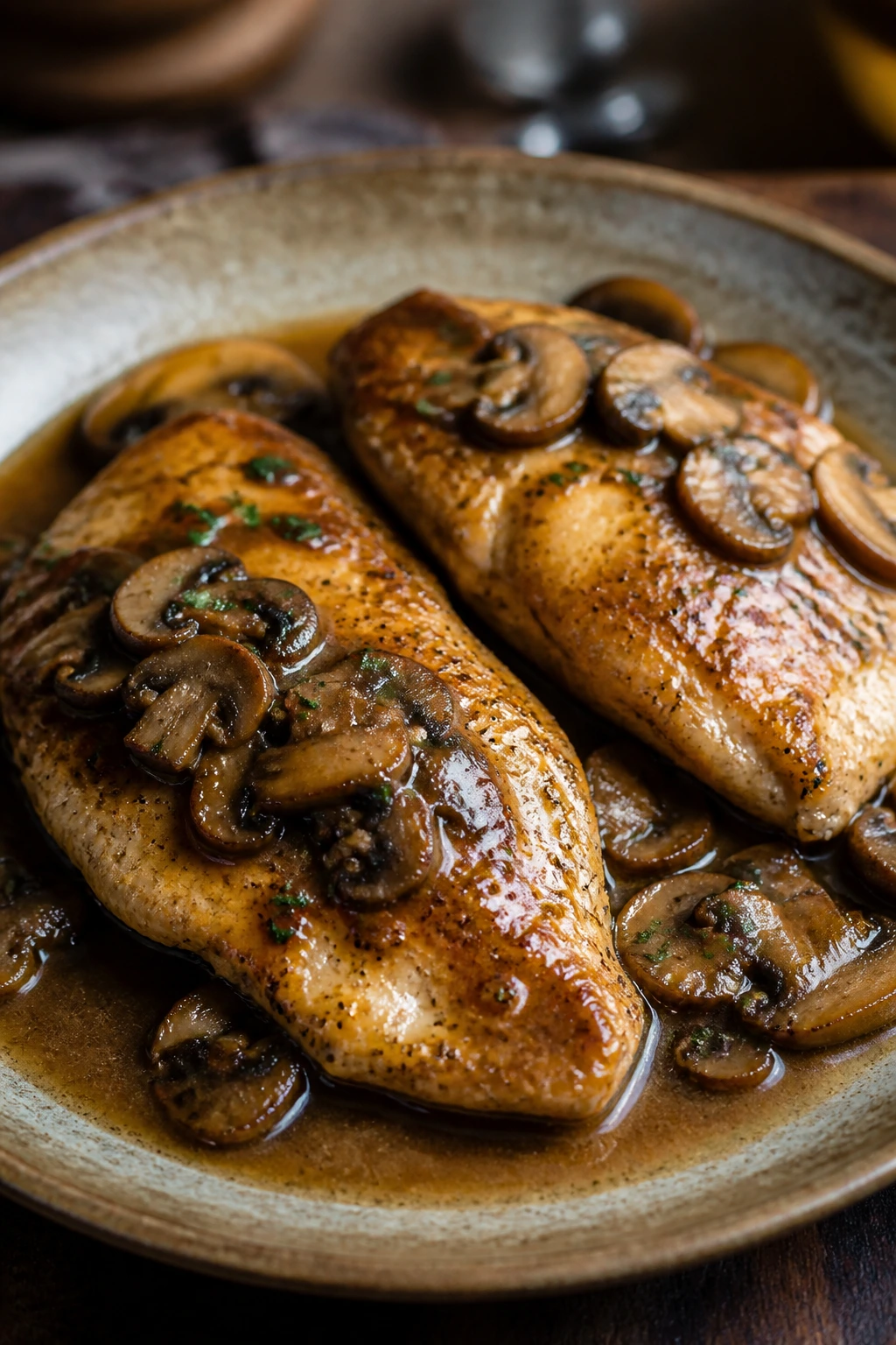 Chicken cutlets in Marsala sauce with mushrooms on plate