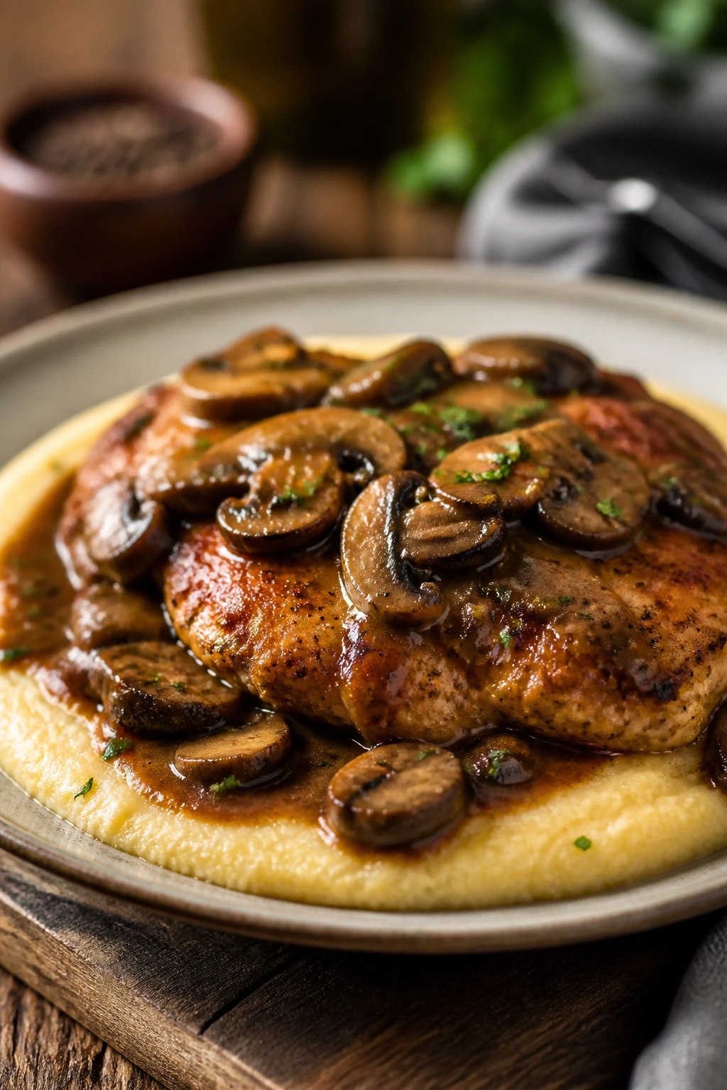 Chicken Marsala over creamy polenta with mushroom sauce on a plate