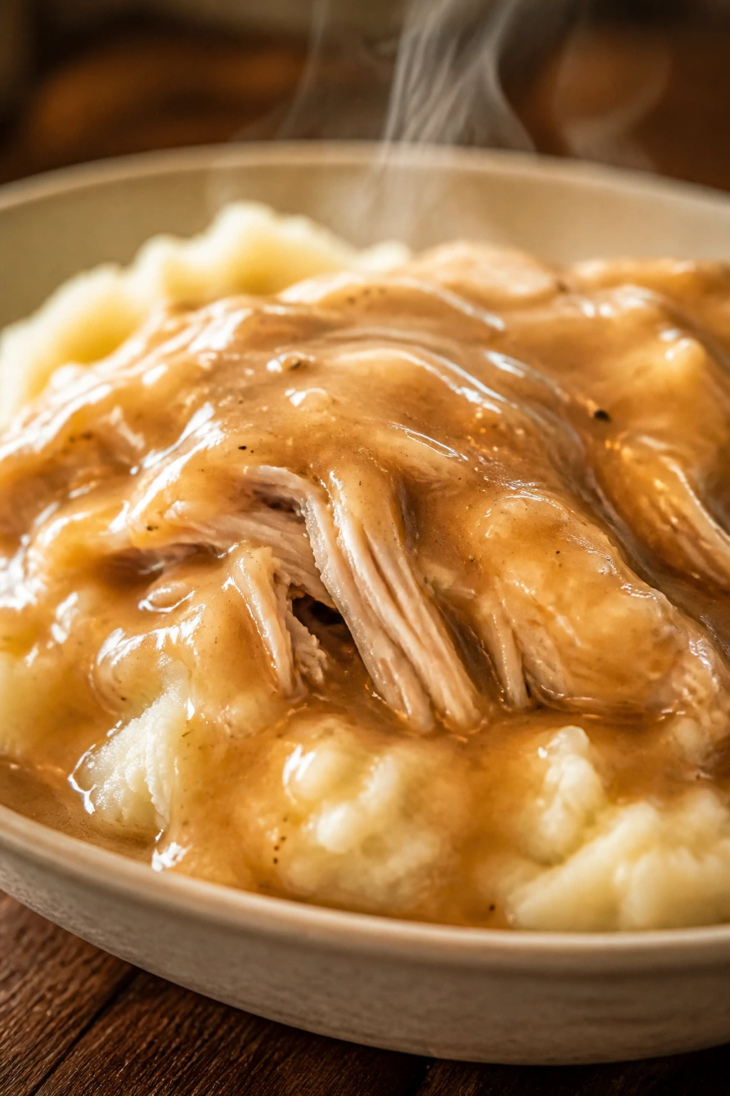 Fork-tender chicken with mashed potatoes and gravy