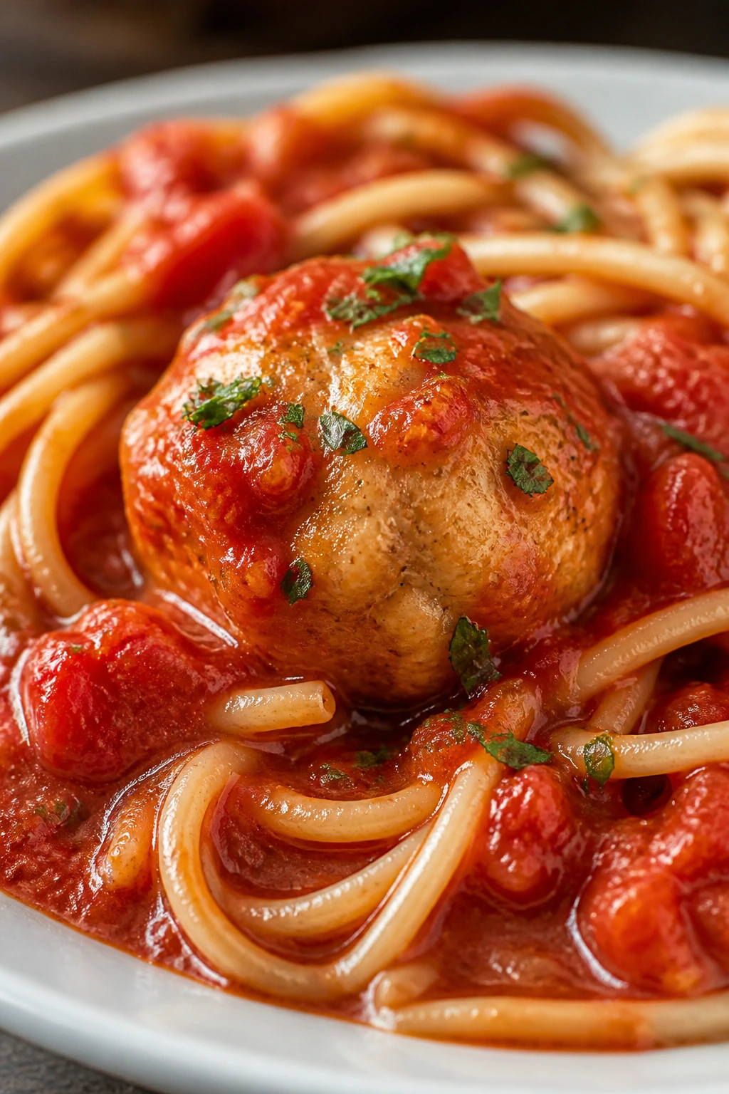 Close-up of chicken meatball spaghetti on a plate