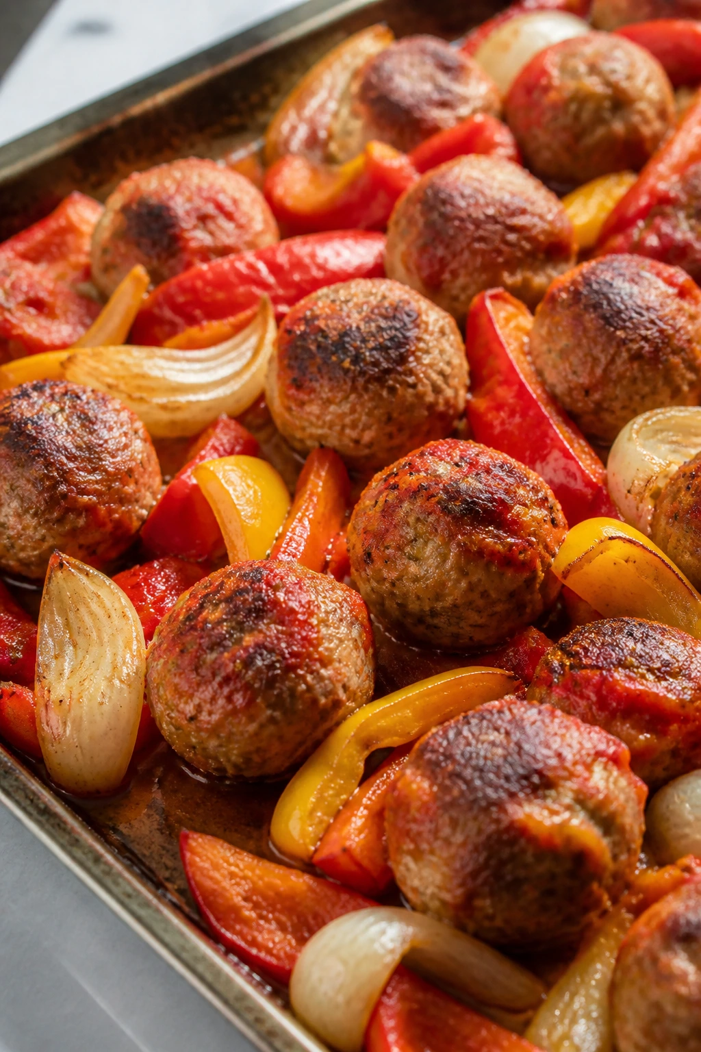Close-up of sheet-pan chicken meatballs with peppers and onions