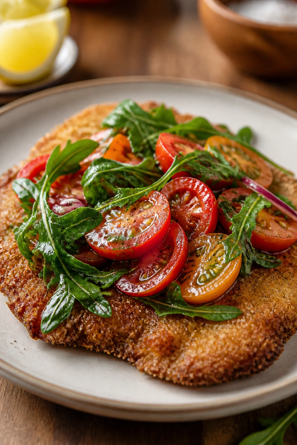 Close-up of chicken Milanese with tomato salad on a plate