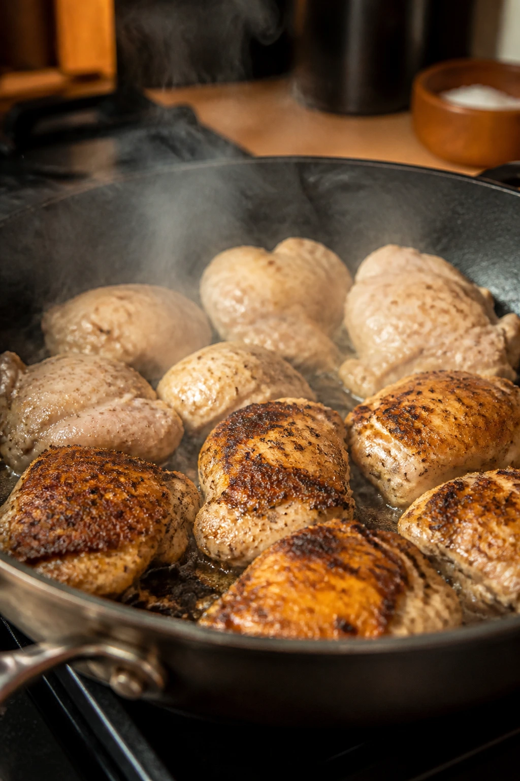 Close-up of crowded chicken pieces browning in a skillet to illustrate common cooking mistakes