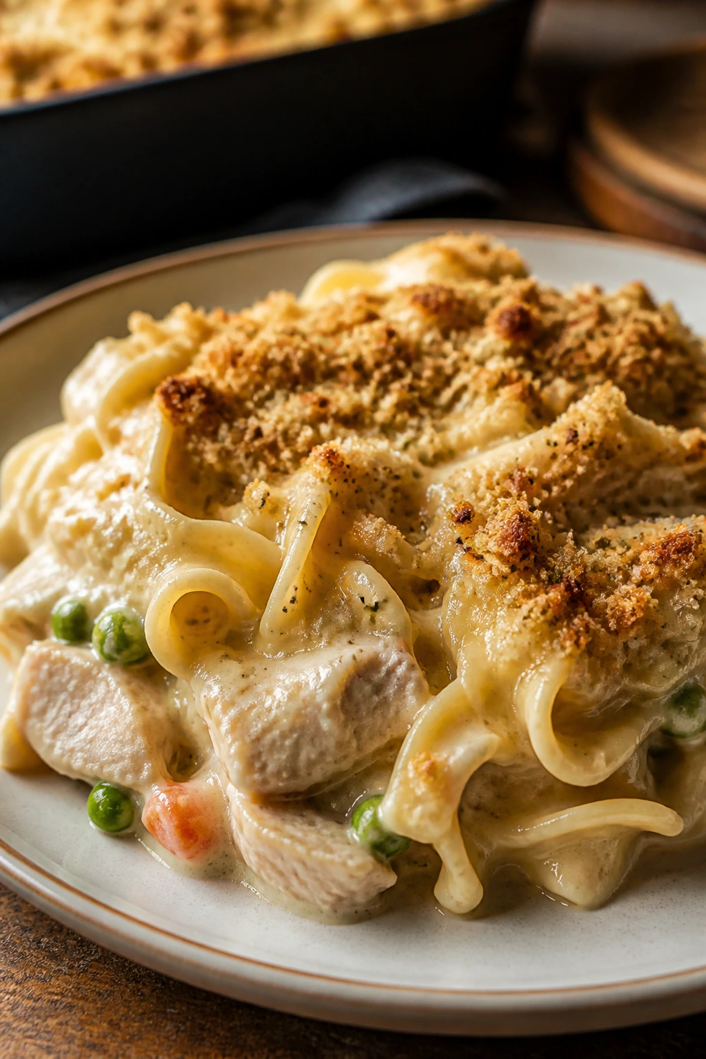 Creamy chicken noodle casserole portion with breadcrumb topping