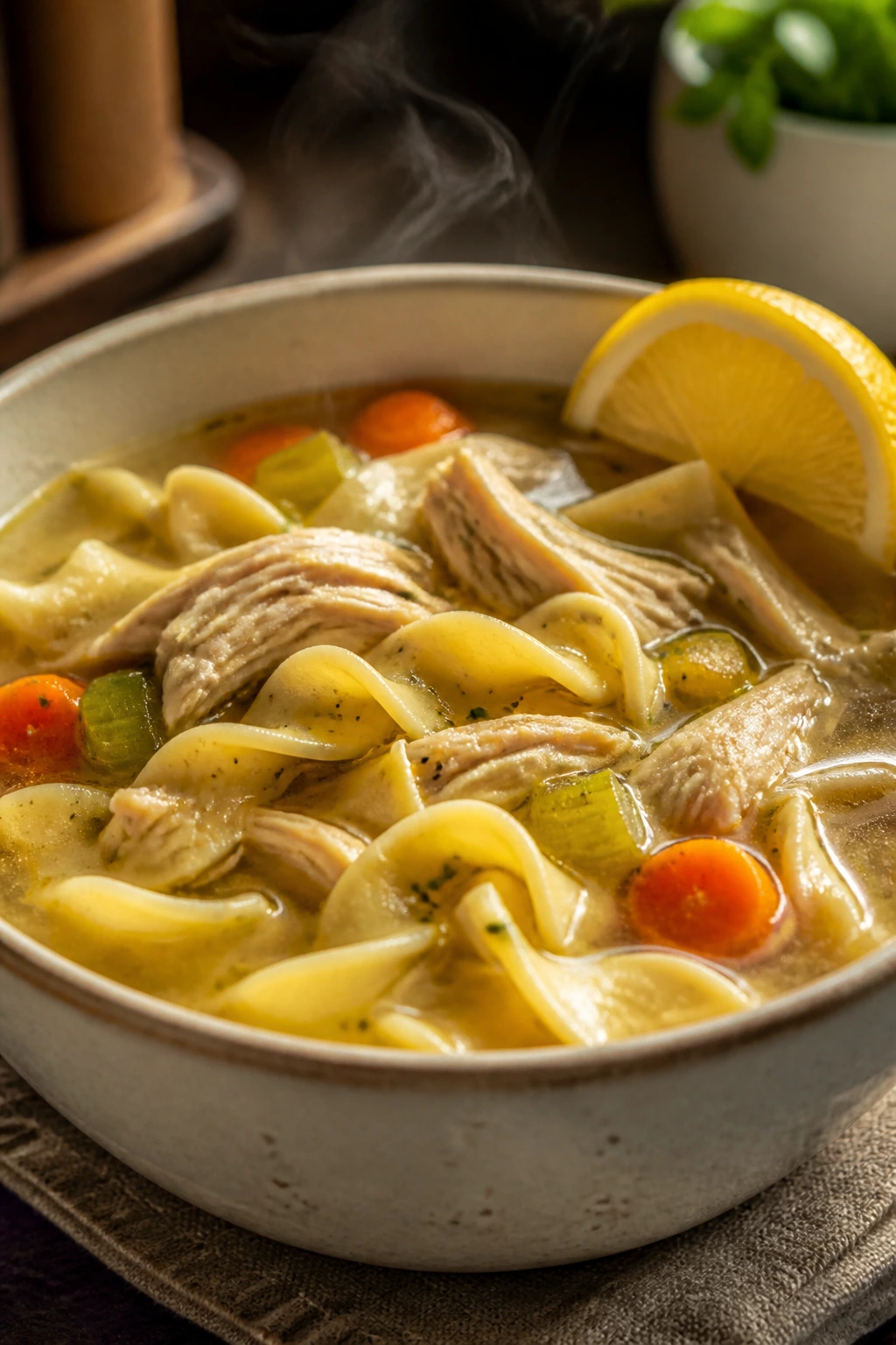 Steaming bowl of chicken noodle soup with lemon wedge and wide noodles