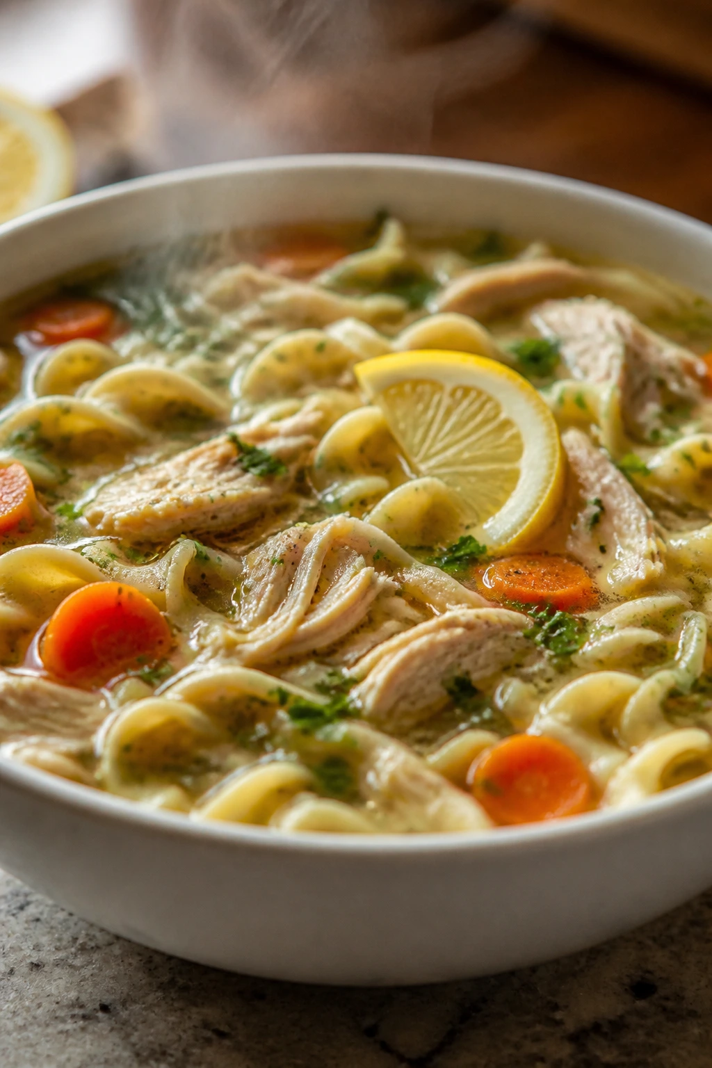 Close-up bowl of chicken noodle soup with noodles and vegetables