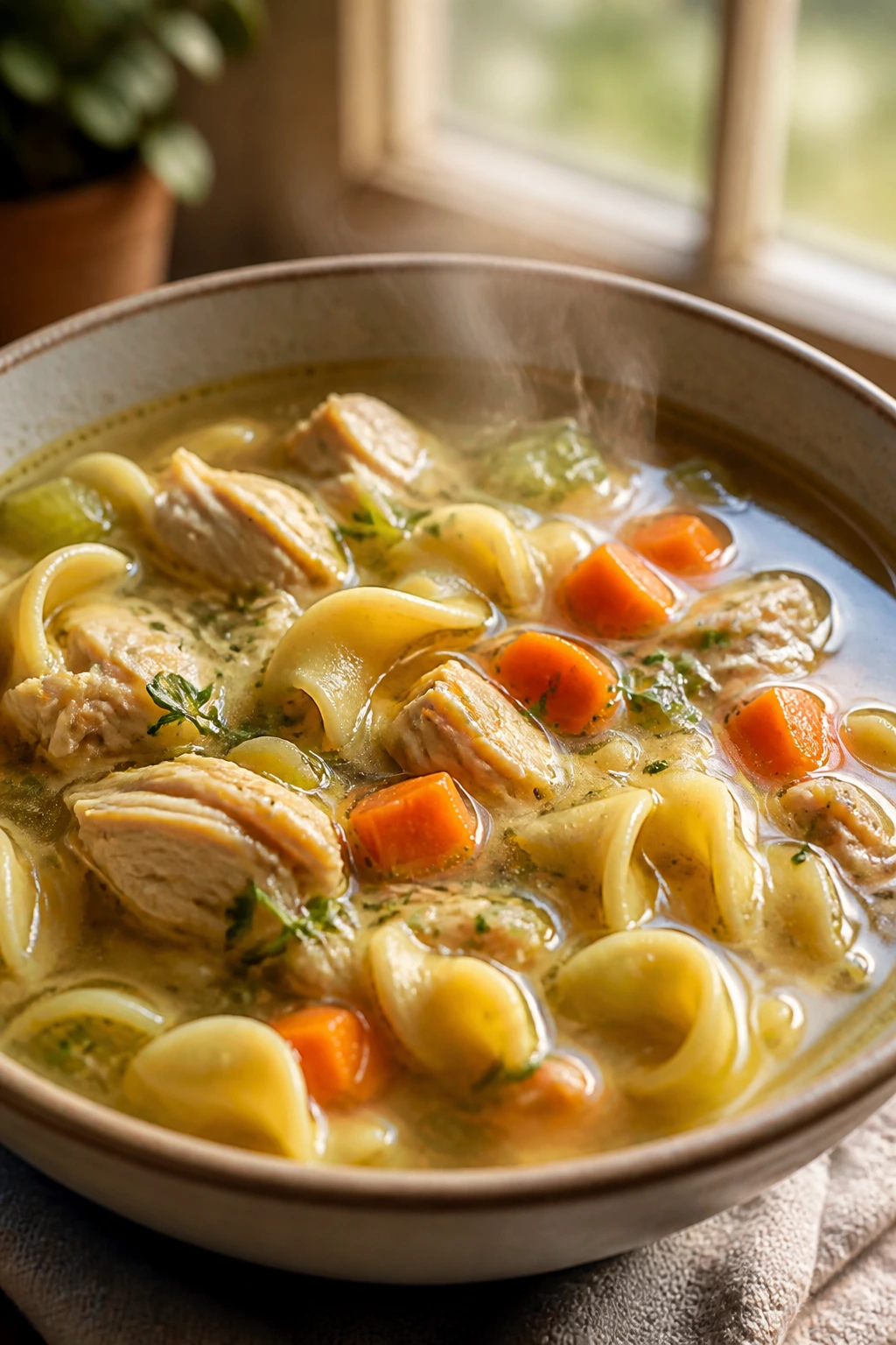 Steaming bowl of chicken noodle soup with chicken, noodles, and vegetables