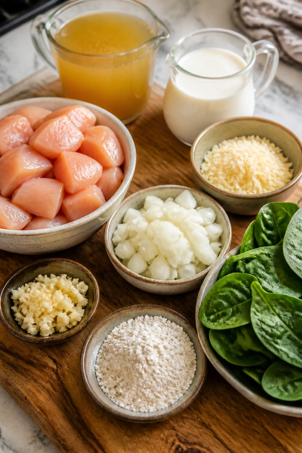 Raw ingredients for sauce arranged on wooden board: chicken, onion, garlic, cream, parmesan, spinach.