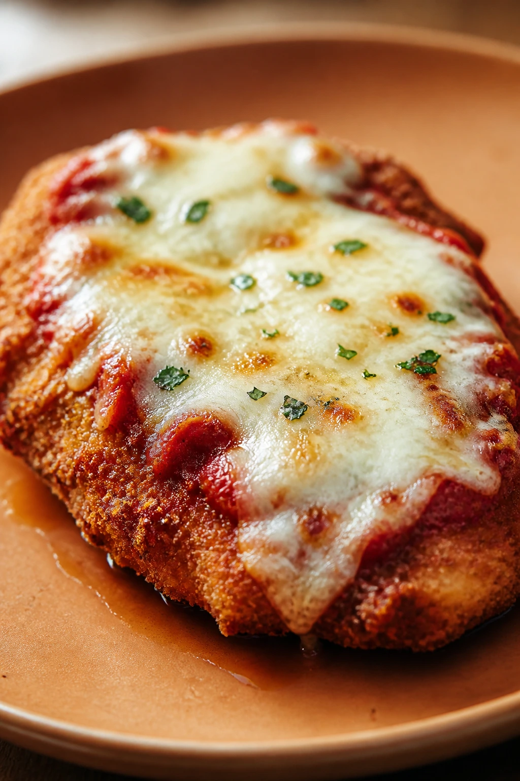 Close-up of a crispy chicken parmesan with melted mozzarella