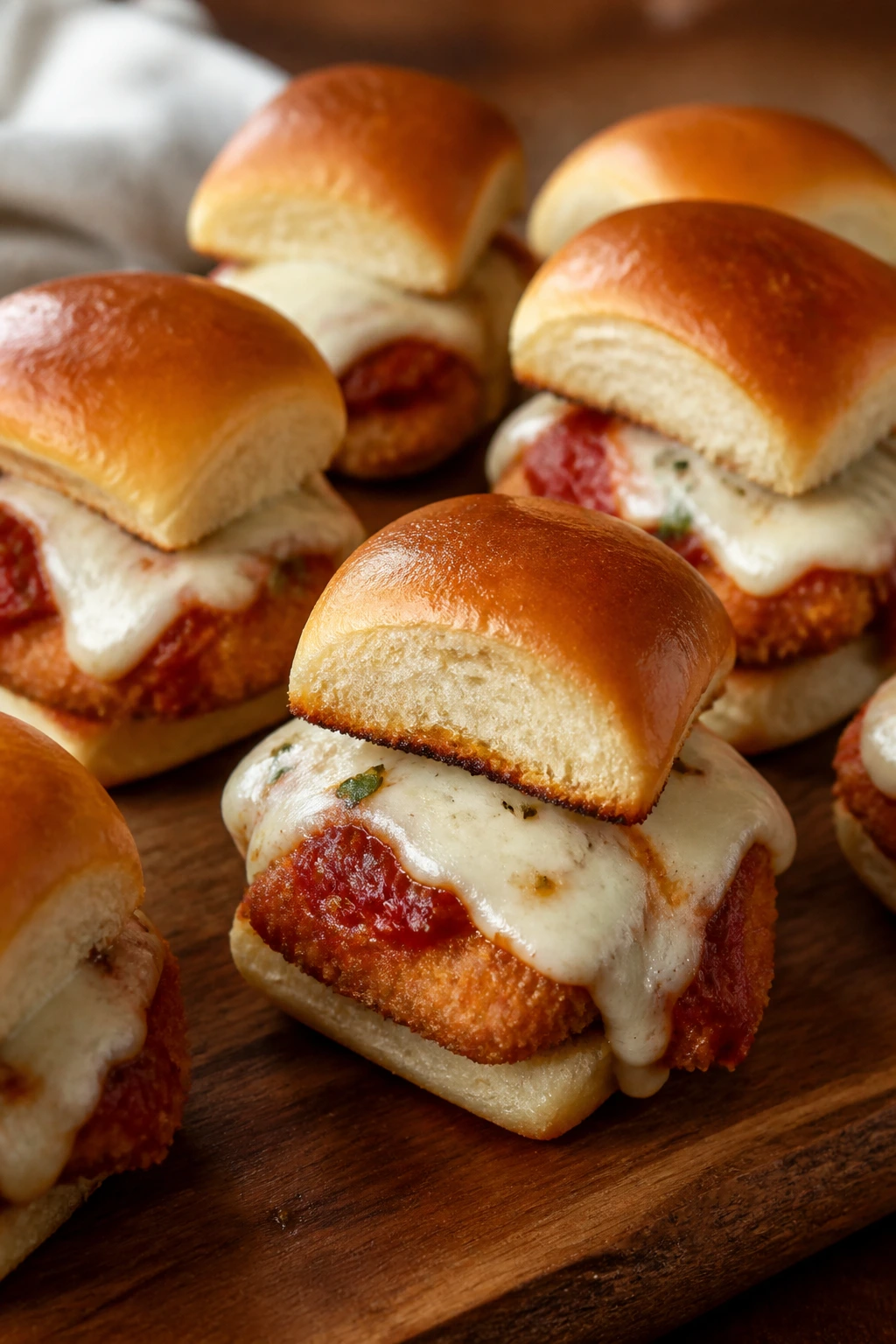 Close-up of chicken parm sliders on a wooden board