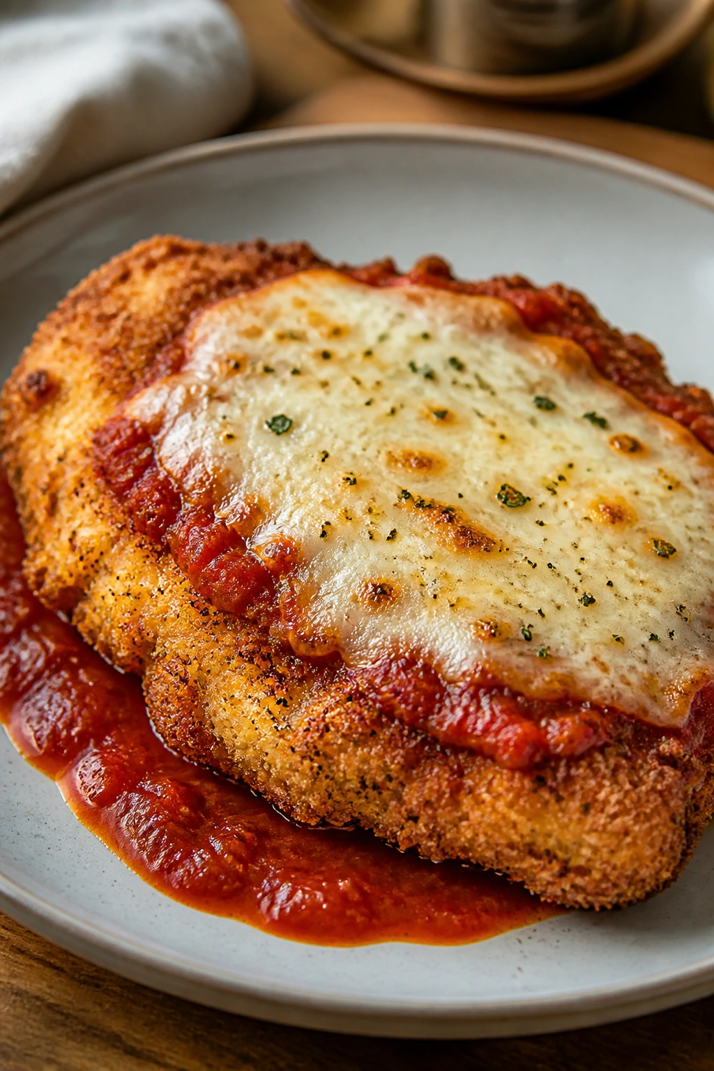 Close-up of crispy chicken parmesan with melted cheese on plate