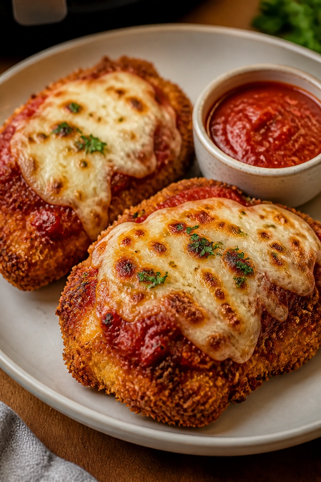 Two crispy chicken parmesan cutlets with melted mozzarella on a plate