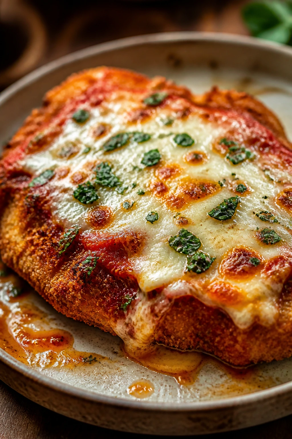 Chicken parmesan bake with melted cheese on plate.