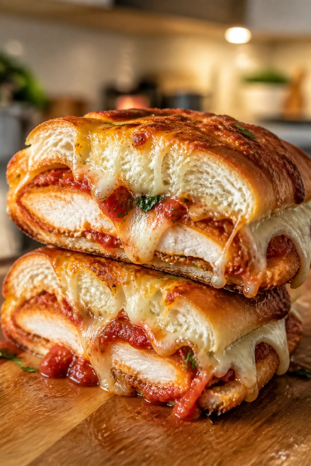 Close-up of chicken parmesan melts sandwich with melted cheese