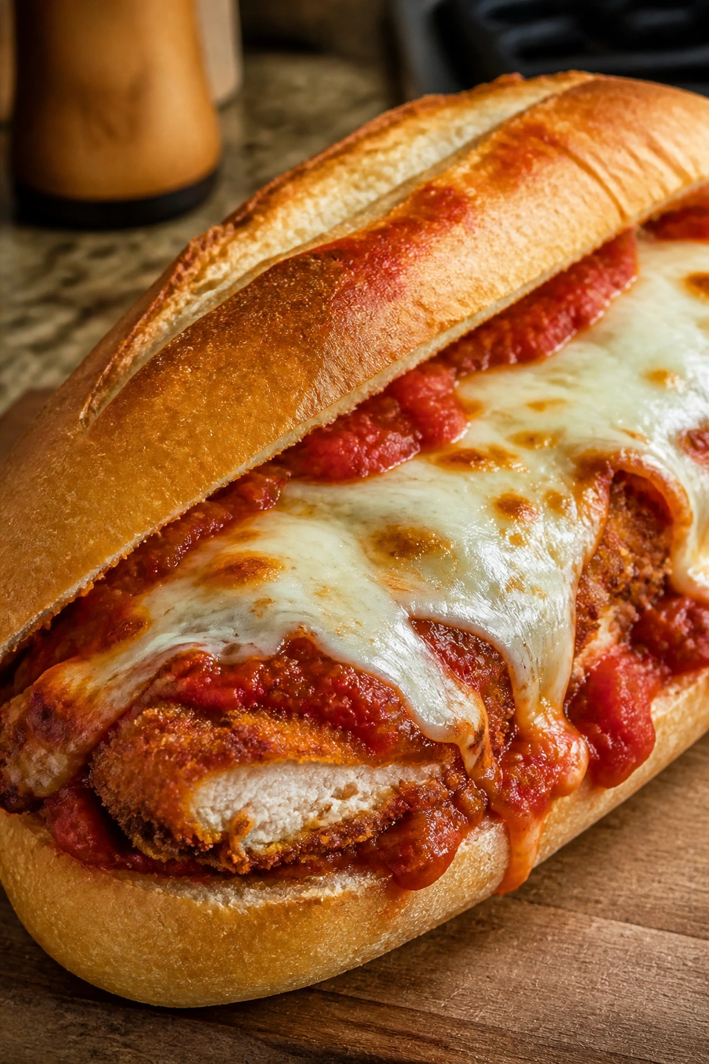 Close-up of a chicken parmesan sandwich showing melted mozzarella and marinara
