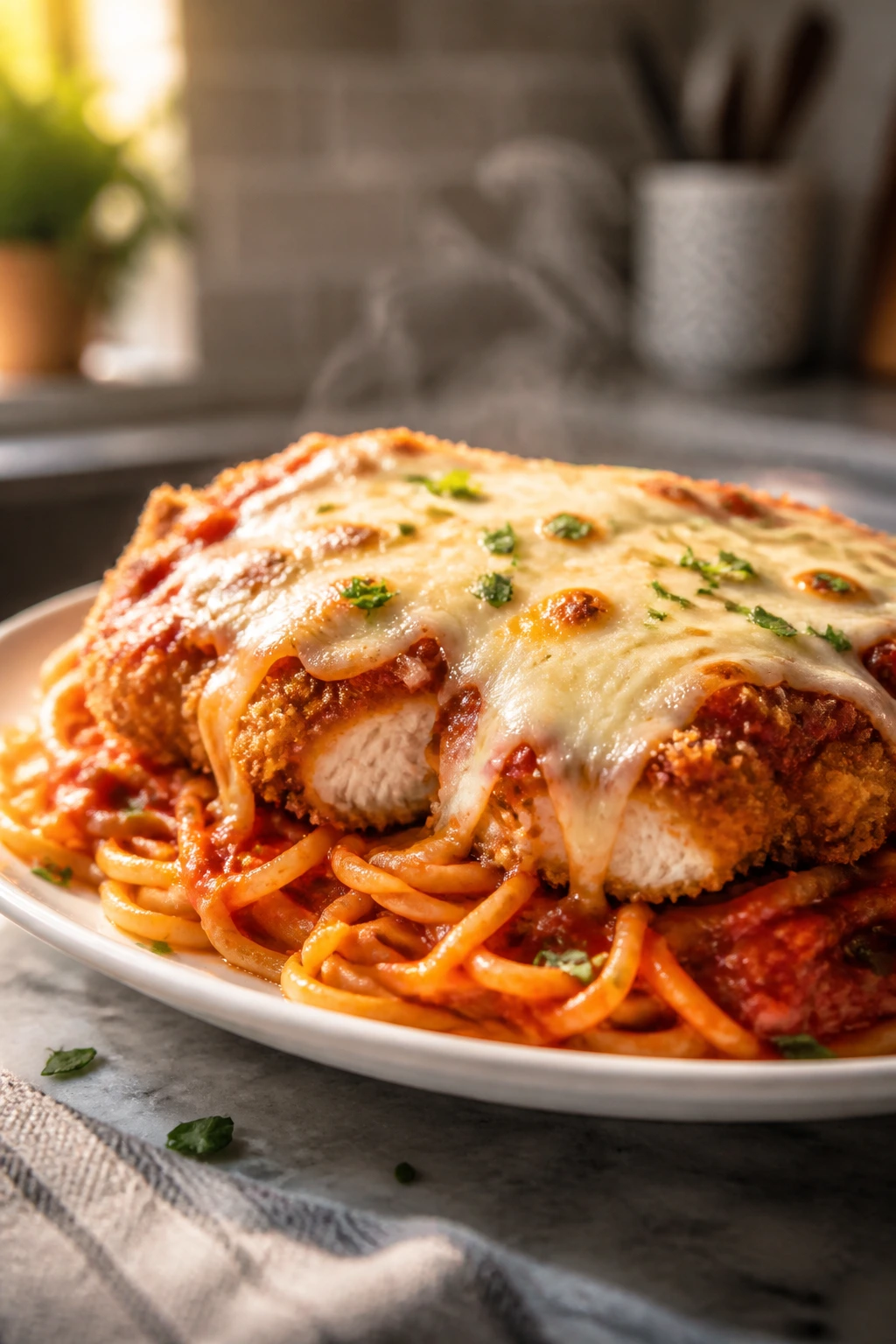 Close-up of plated crispy chicken parmesan spaghetti bake with melted cheese and marinara sauce