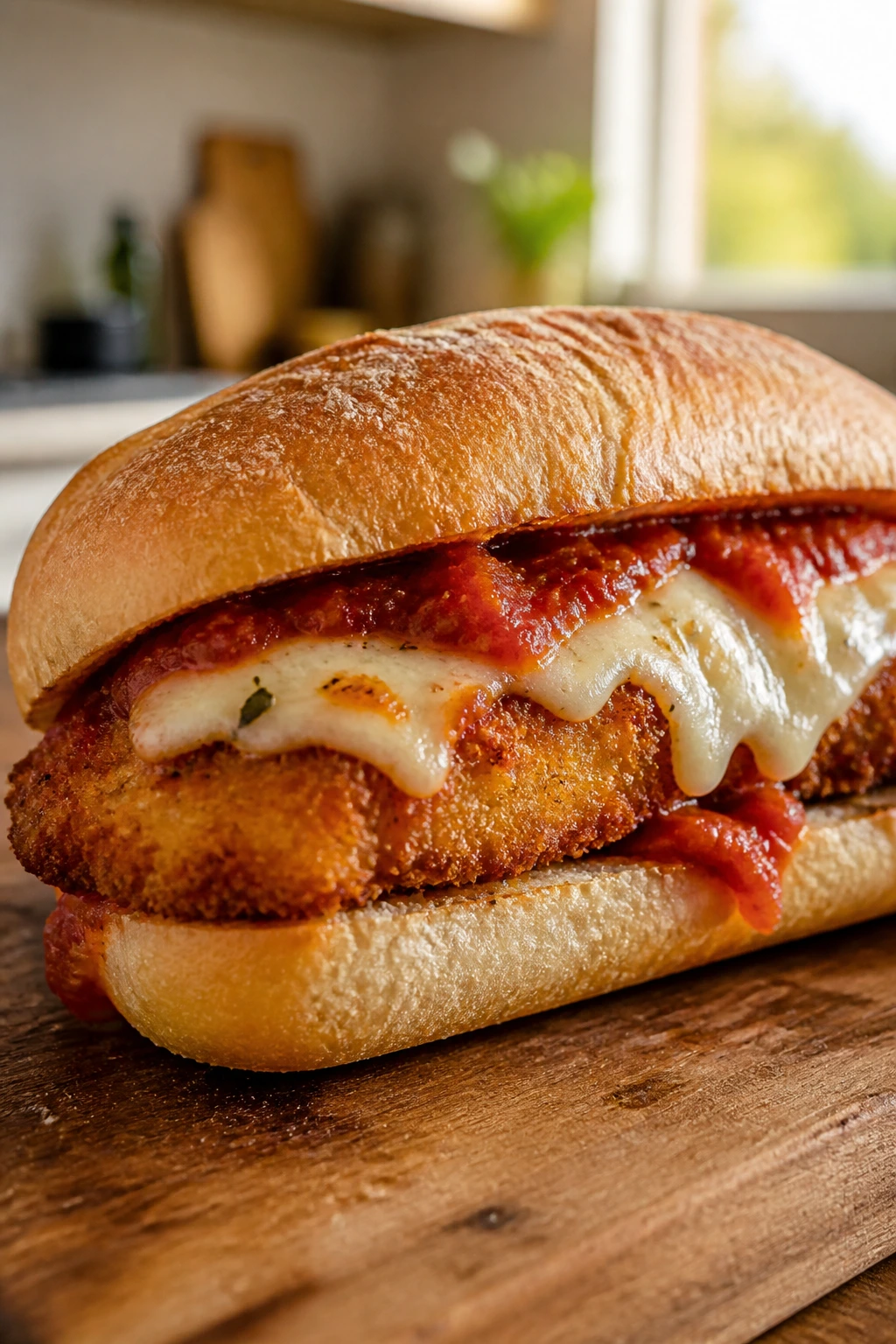 Close-up of a chicken parmesan sub sandwich with melted mozzarella on a wooden board