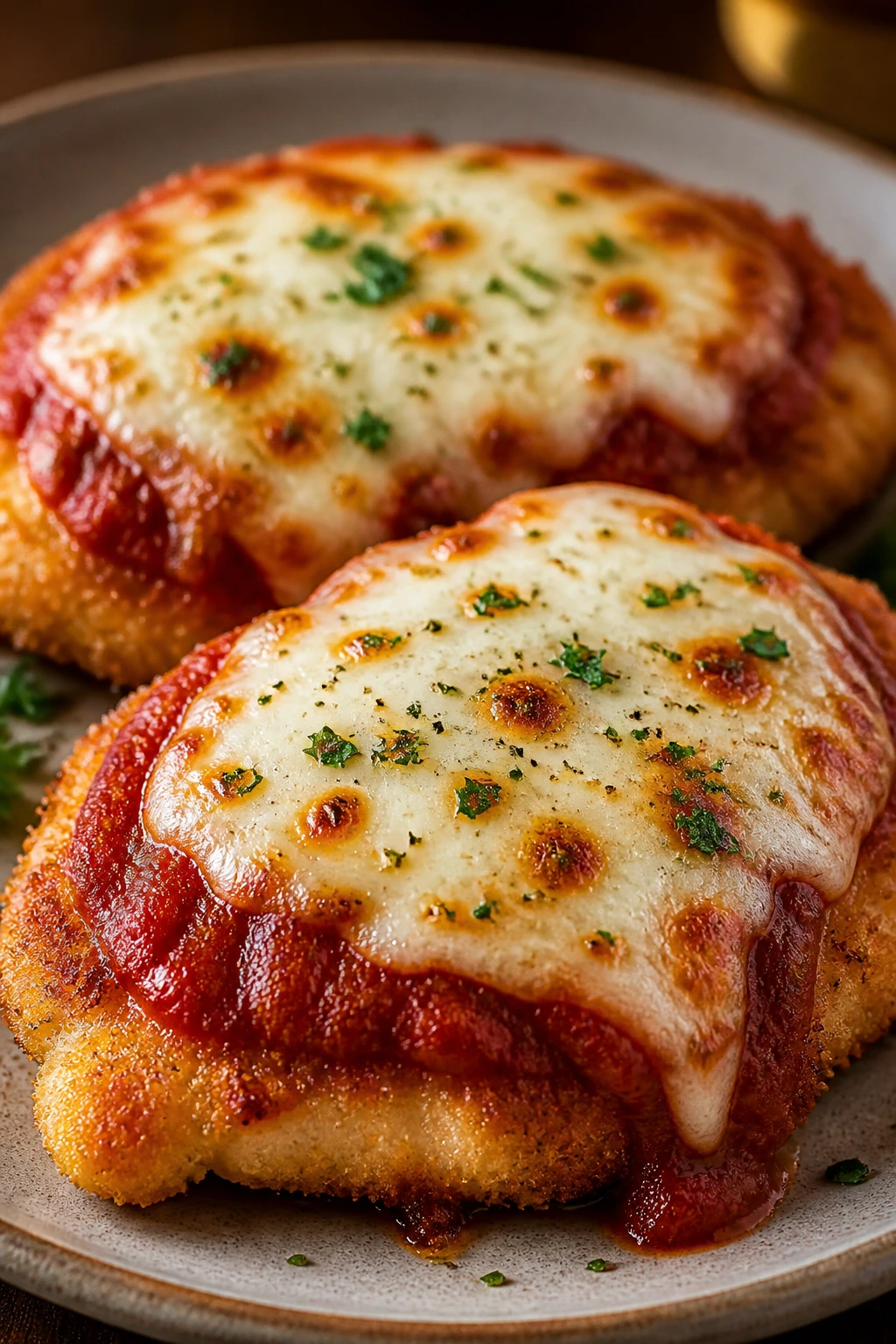 Crusty chicken parmesan with marinara and melted mozzarella