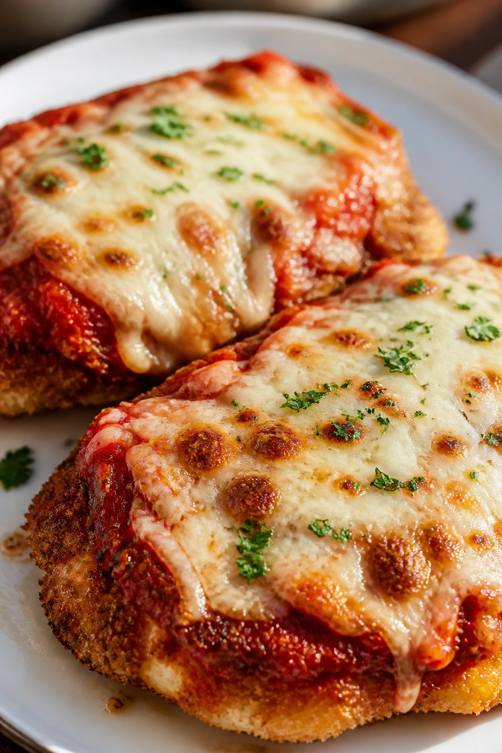 Close-up of two chicken parmesan cutlets on plate