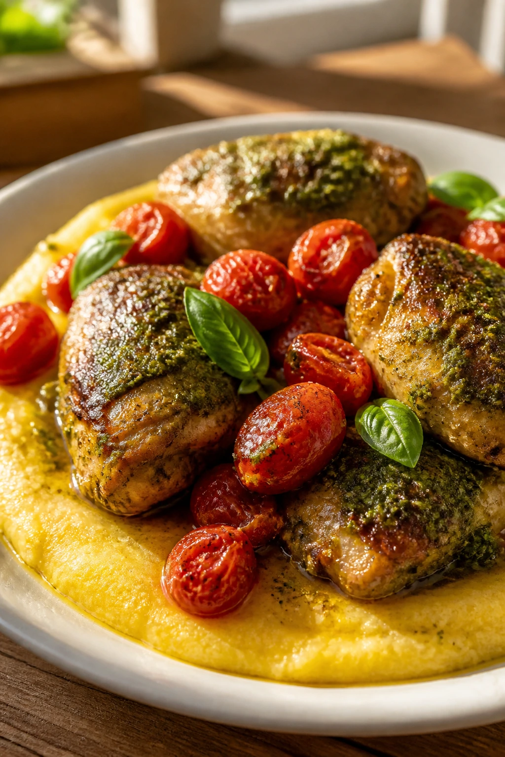 Chicken with pesto and roasted tomatoes on polenta