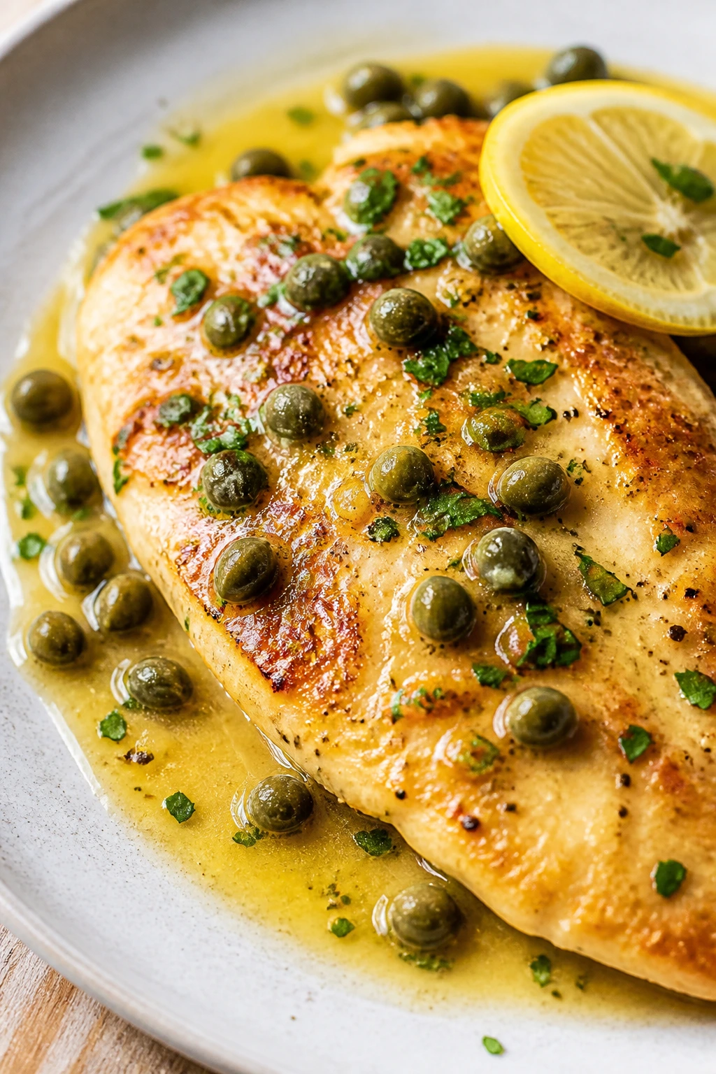 Close-up of chicken piccata with capers on a plate.