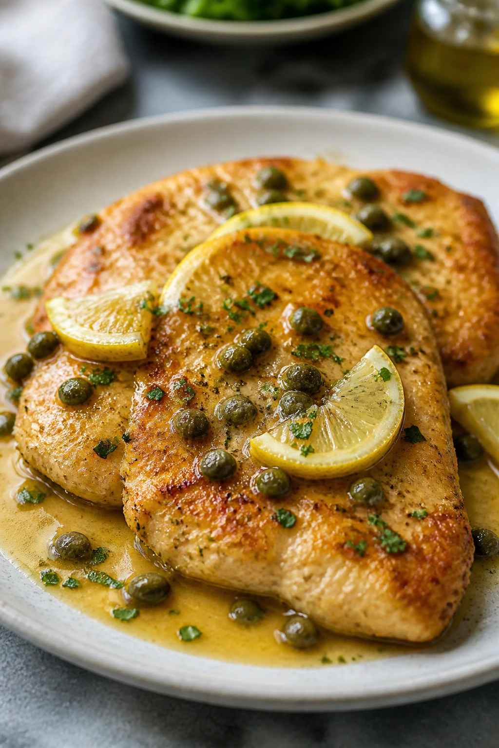 Chicken piccata with lemon-butter caper sauce.