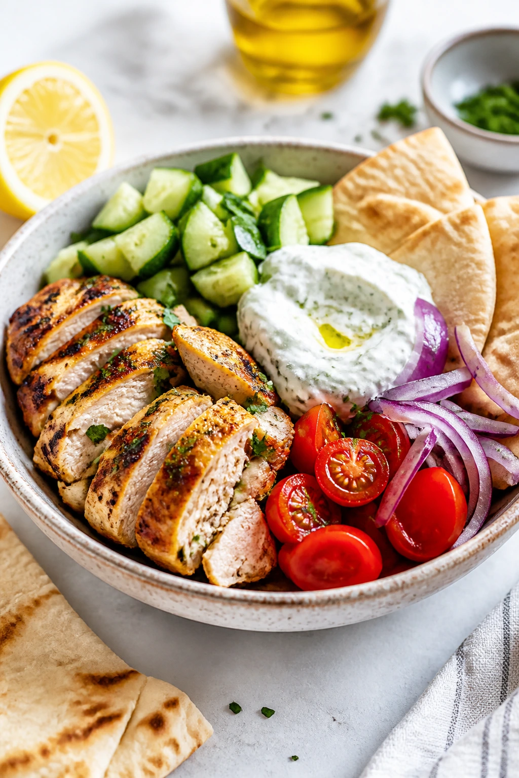 Greek lemon chicken pita bowl with vegetables