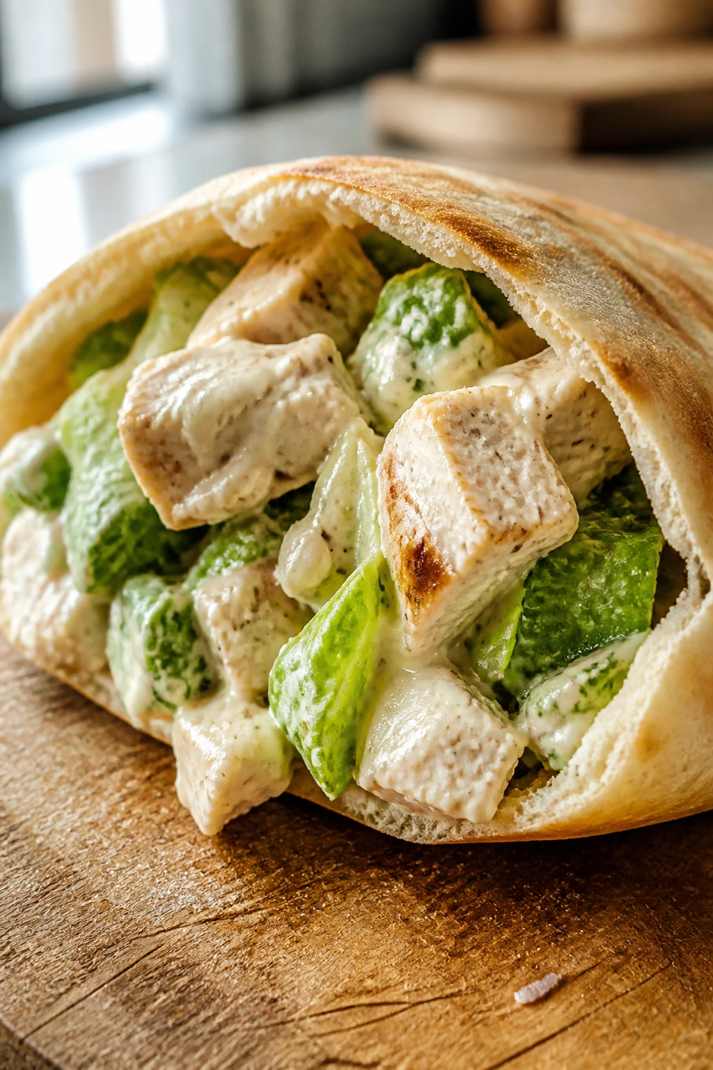 Close-up of a chicken Caesar pita pocket filling on a wooden board