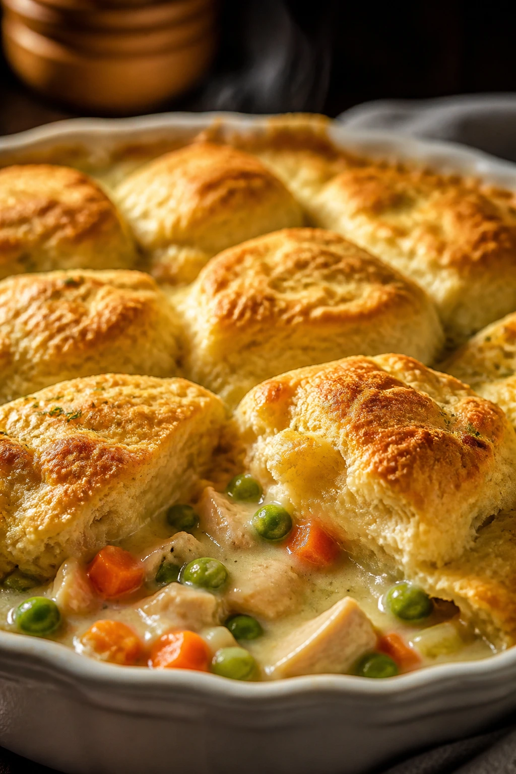 Close-up of Chicken Pot Pie Casserole with golden biscuit topping in a baking dish