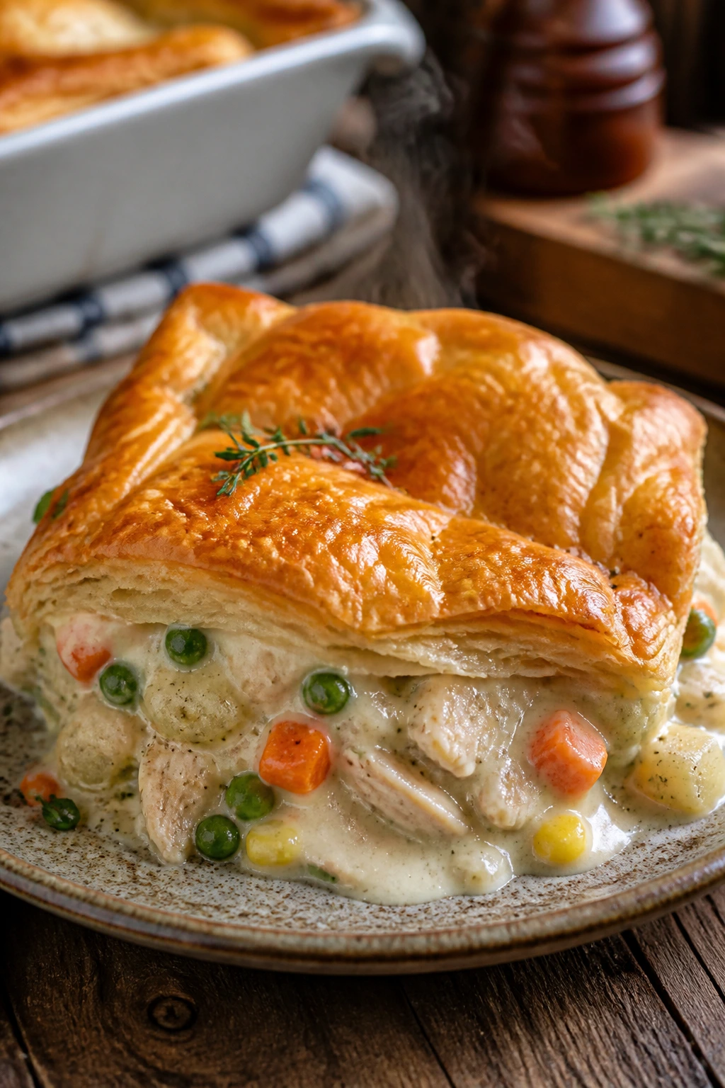 Serving of Chicken Pot Pie Casserole with golden puff pastry top