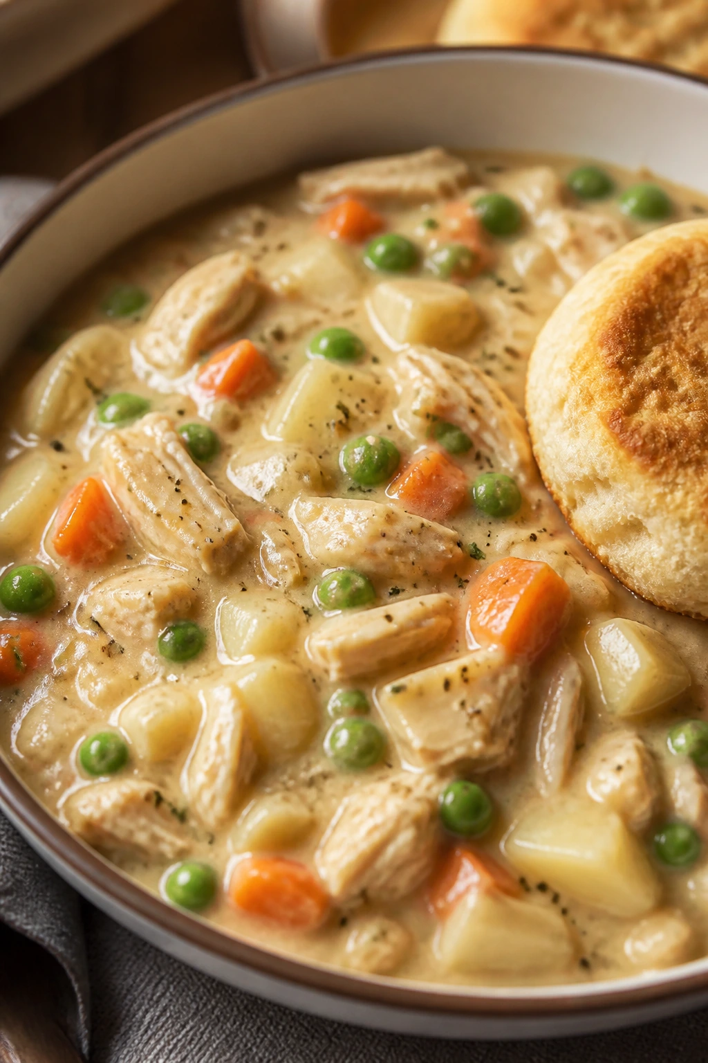 Creamy chicken pot pie filling with vegetables and a biscuit on the side
