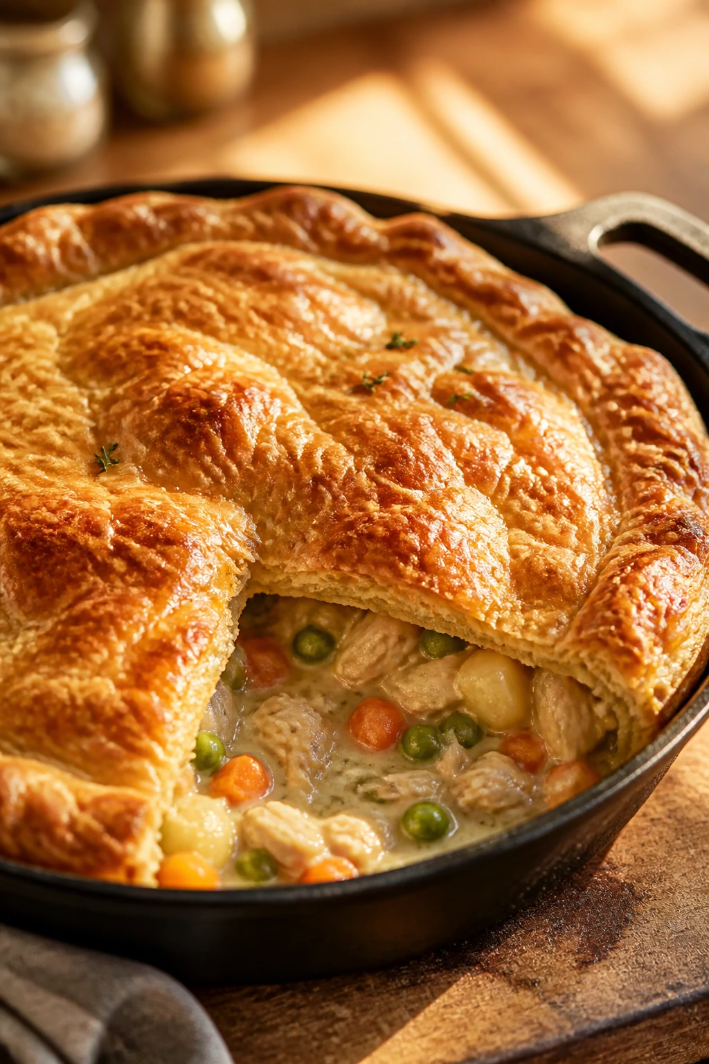 Close-up of puff pastry lid on chicken pot pie in a cast-iron skillet.