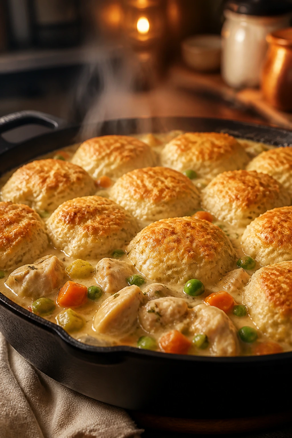Skillet chicken pot pie with a golden biscuit topping, steam rising