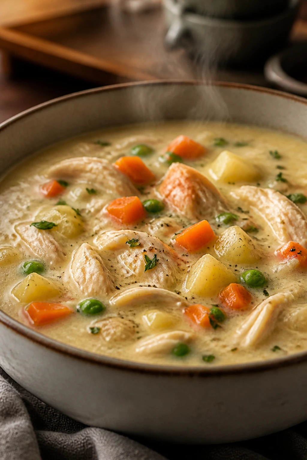 Creamy chicken pot pie soup in a bowl